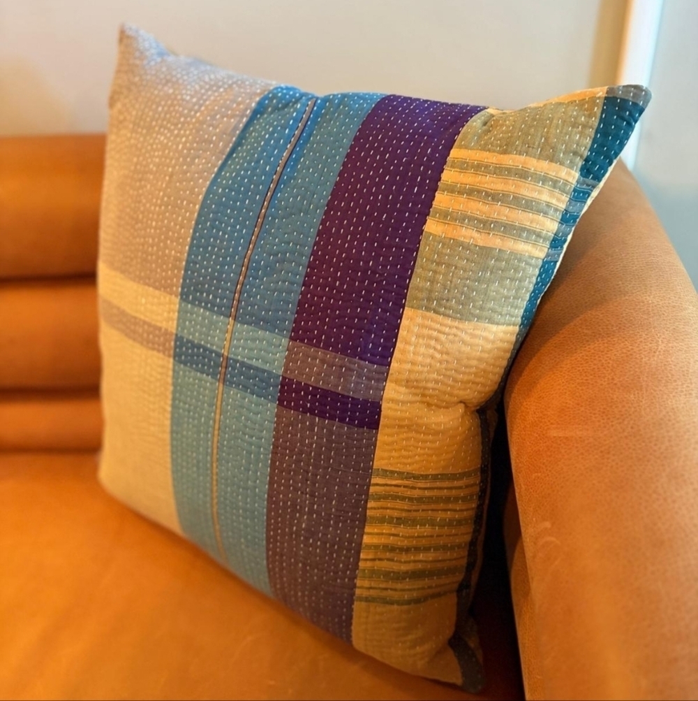 NWT Vintage One Of A Kind Sari Kantha Pillow-18in Yellow and Teal Plaid